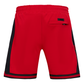Close-up of Pro Standard logo on red and black San Francisco 49ers athletic shorts with team script