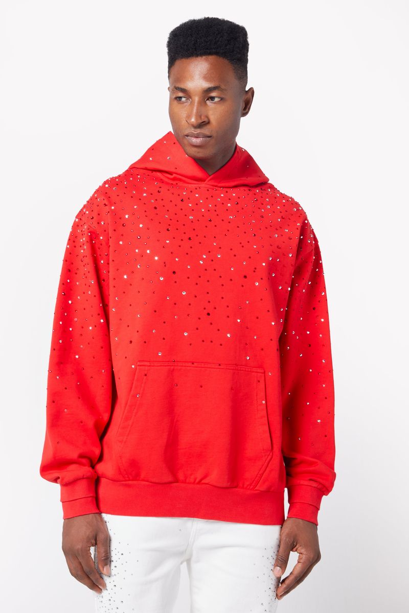 Guapi Blood Red Embellished Hoodie with intricate beading and hood detail