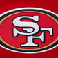 Side angle showing the design details of the San Francisco 49ers script tail shorts in red and black