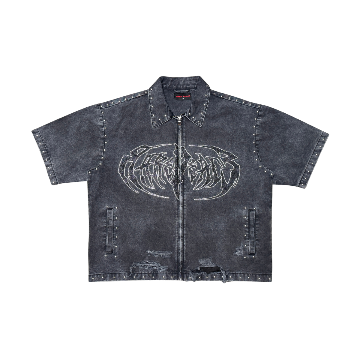 Rare Peace "Logo" Rhinestone Washed Black Zip Down Shirt (RJ6061)