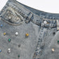 Baggy fit denim jeans with light wash and side hand-embellished gemstones in vibrant Azul hue