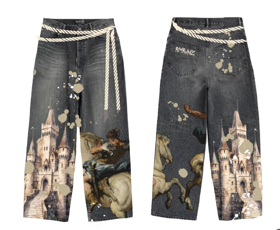Stylish black baggy jeans with digital print design and 32-inch length
