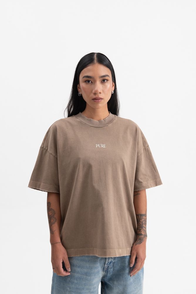 Close-up view of the PURE Knockout Gloves Brown Tee showcasing its oversized fit and high-quality cotton fabric