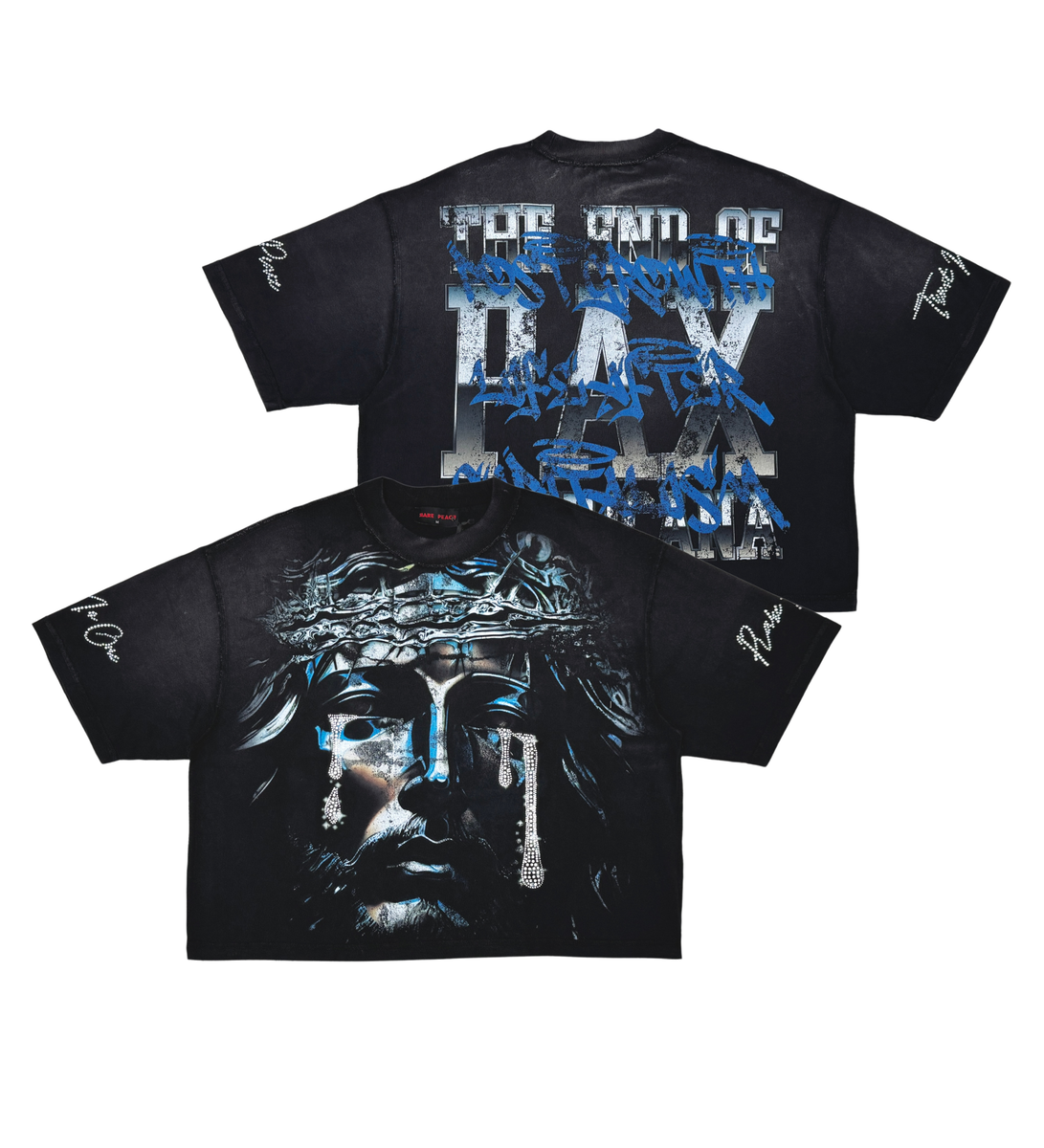 A black T-shirt featuring the Rare Peace Tears of Christ design with product code RT5020