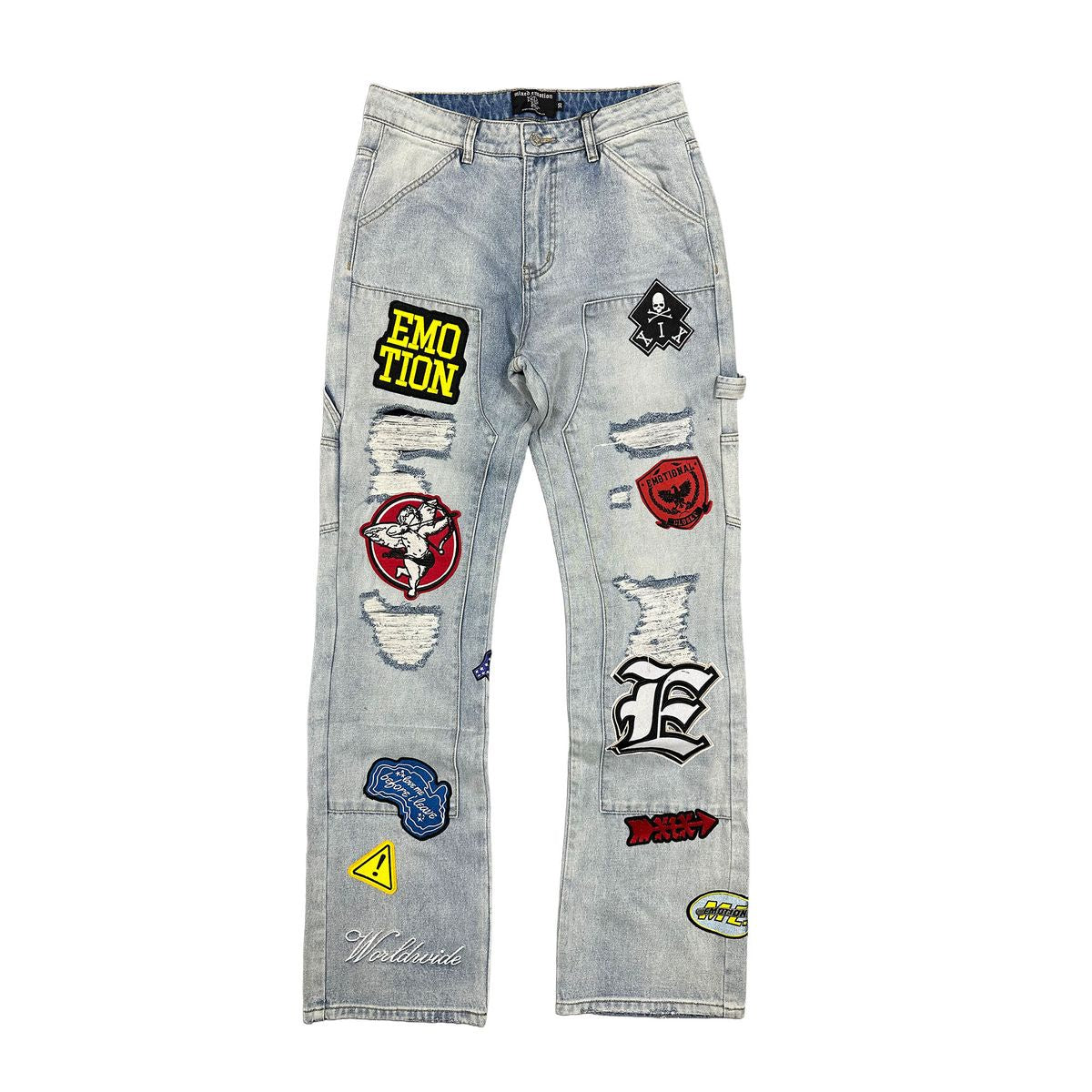 A pair of Mixed Emotion Emotion Blue Worker Jeans showcasing durable denim fabric and classic workwear style