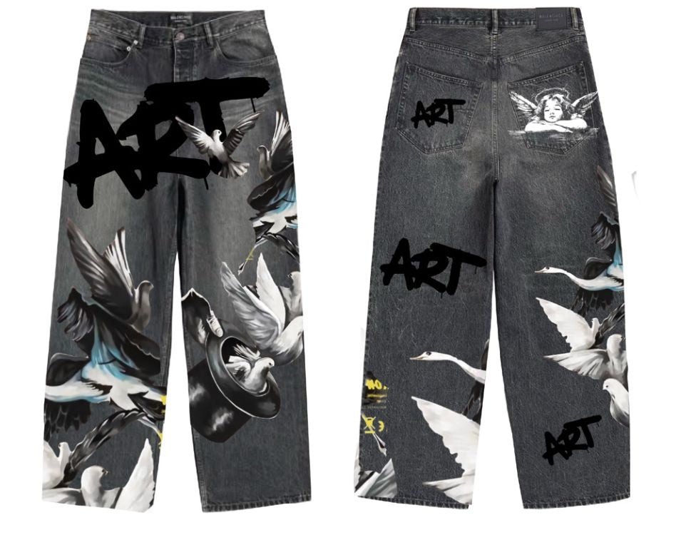 Amor Jeans Digital Print Black Baggy Jeans (RM204B)