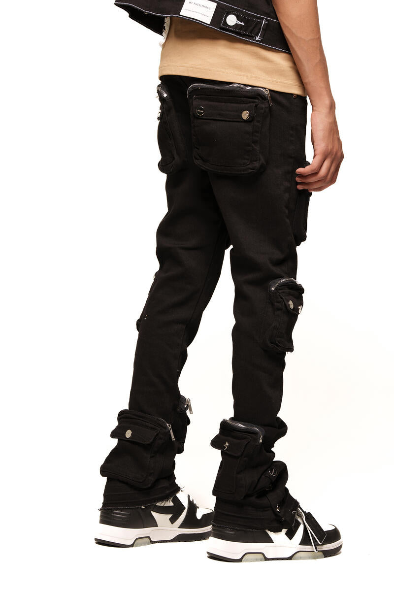 Side view of the Journey To Greatness Jet Black Cargo Flare Stack Denim, highlighting the unique flare stack design and versatile black color