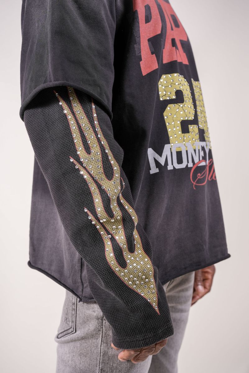 Paper Money "247" Rhinestones Black Layered Long Sleeve