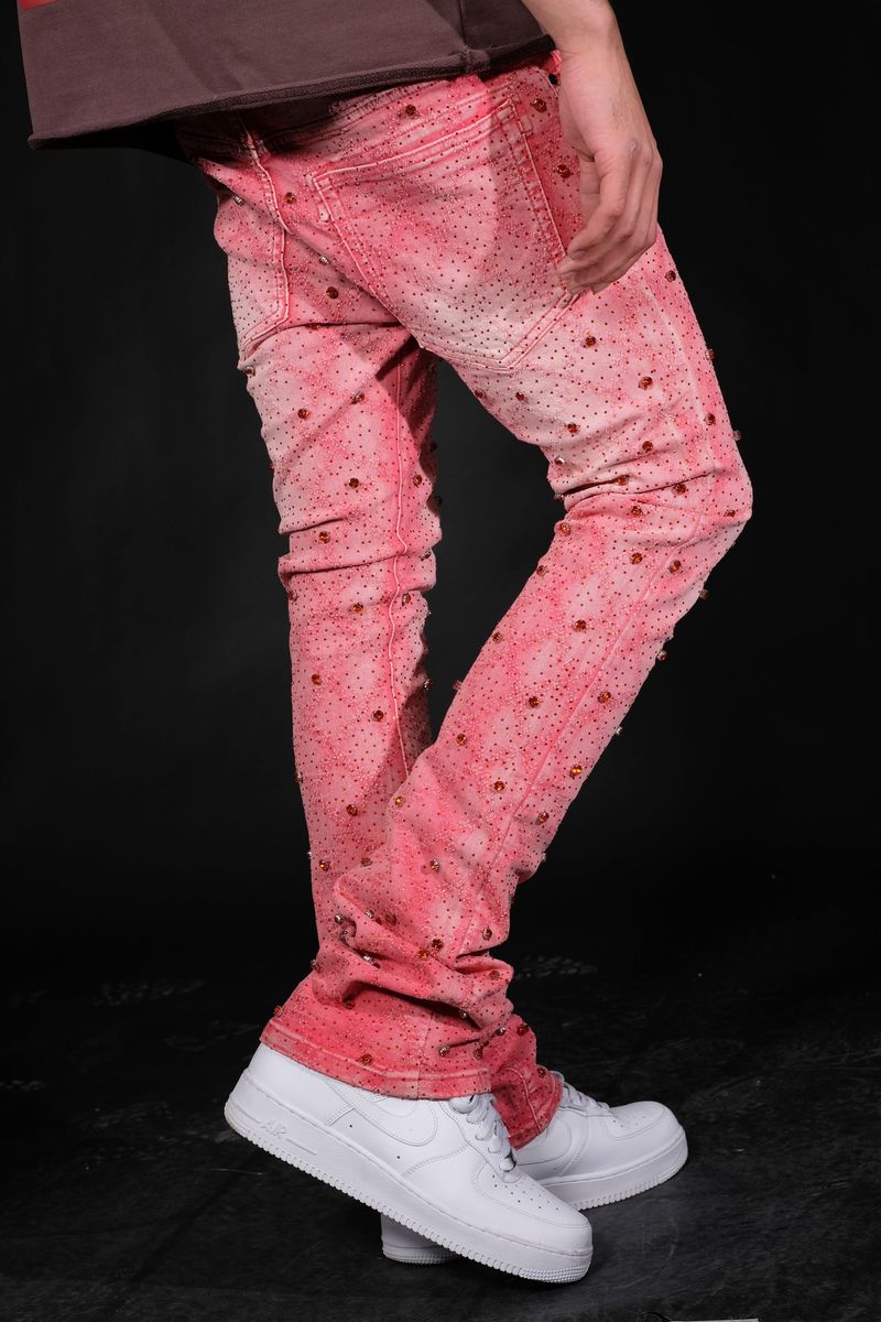 Flared Vicious Embellished Pink Denim Jeans VC510 in a vibrant pink color