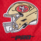 Detailed view of the San Francisco 49ers team logo printed on the shorts in red and white