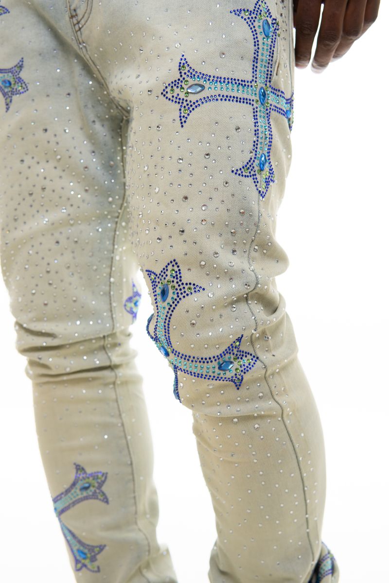 Light blue denim flare jeans featuring detailed rhinestone accents and Vicious branding, style VC953