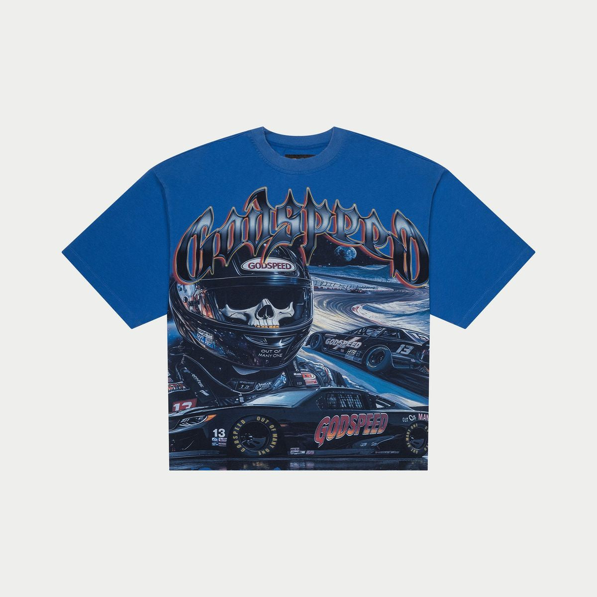A detailed image of the Godspeed Le Dernier T-Shirt in royal color, featuring digital art, oversized fit, and a numbered tag indicating limited edition authenticity