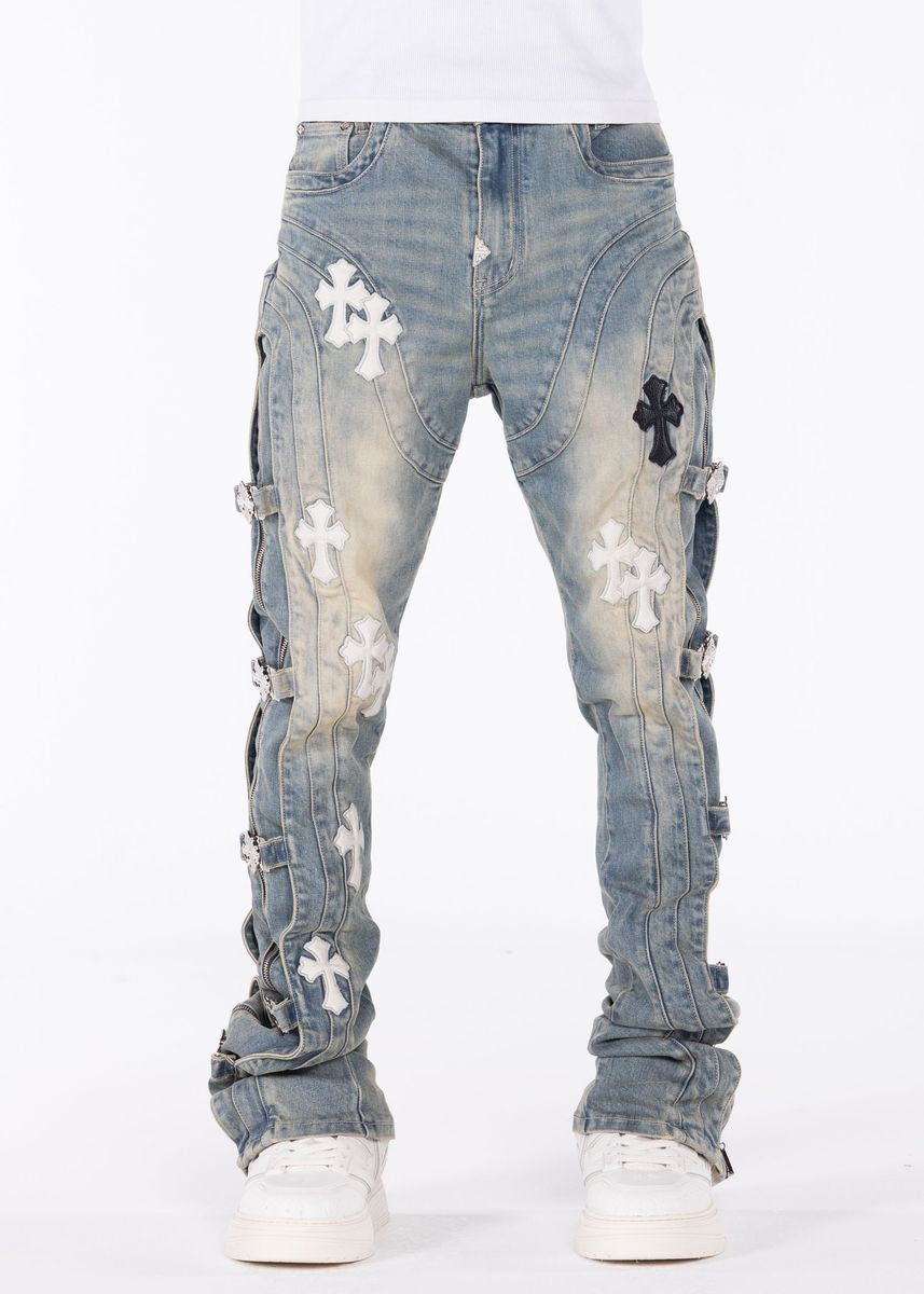 Guapi Vintage Blue Cross Buckle Denim Jeans