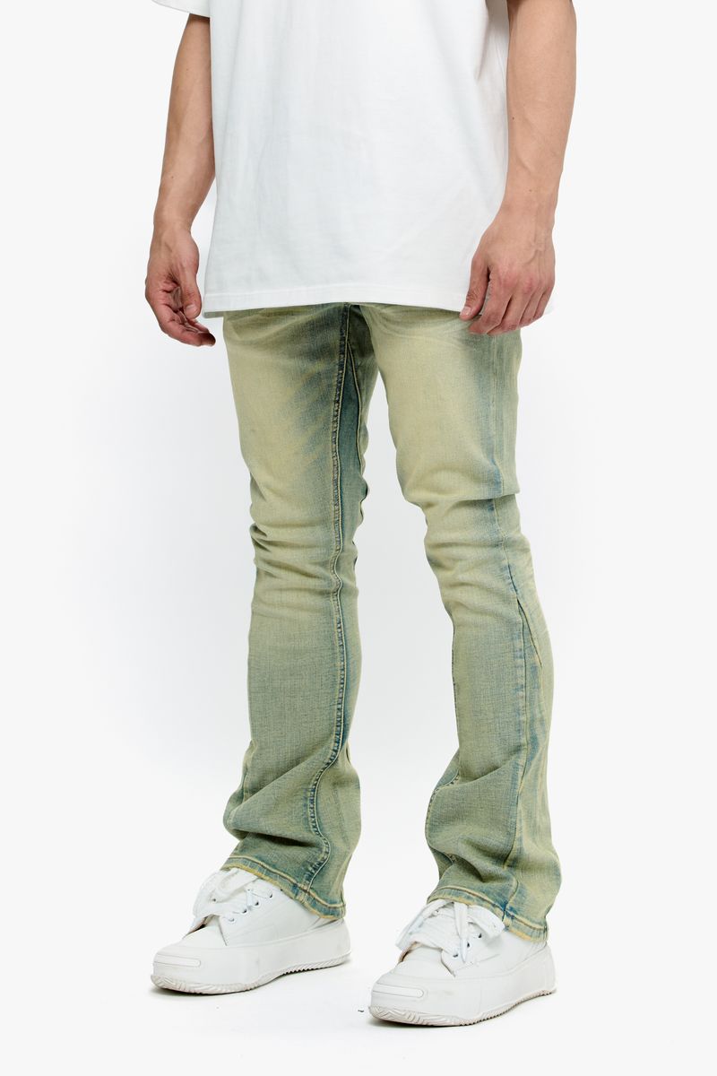 Close-up of Valabasas Mr Stacked Vintage Wash Stacked Denim Jeans highlighting the vintage wash and stacked design details