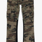 Close-up of the detailed camo design and flared silhouette of Valabasas Commander 30 denim jeans