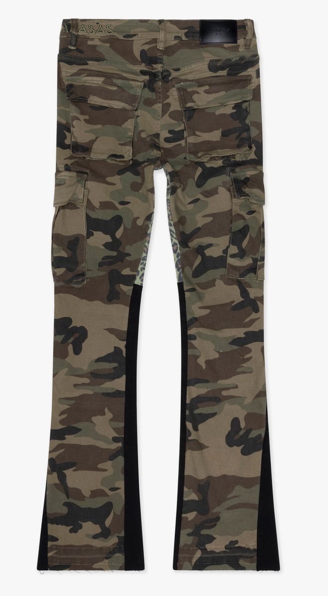 Close-up of the detailed camo design and flared silhouette of Valabasas Commander 30 denim jeans
