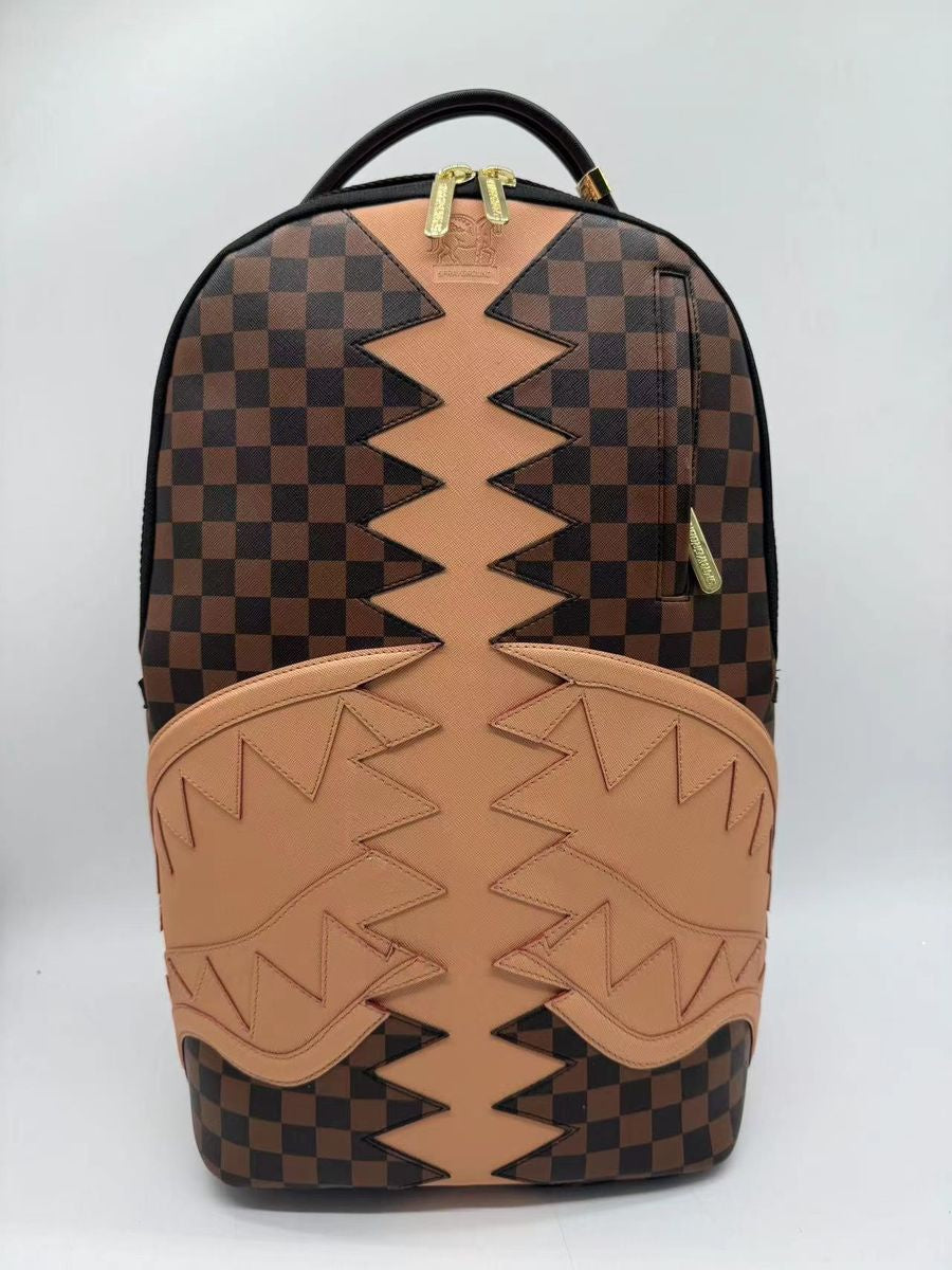 Front view of the Sprayground Hypeshark VSM Backpack showcasing its detailed shark design and spacious dimensions