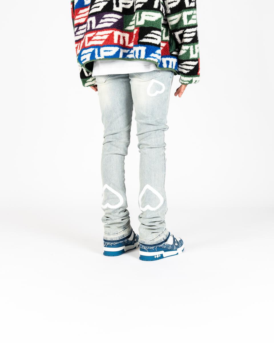 Front view of PHEELINGS Luminous Love Light Blue Flare Stack Denim jeans with stylish flare stack