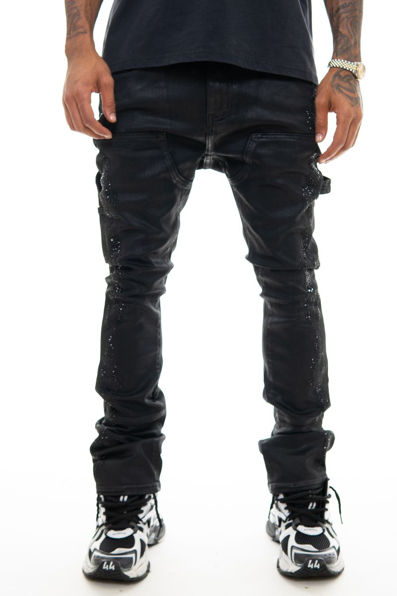 Full view of Vicious VC654R Coated Black denim jeans featuring a fitted silhouette and wax coating texture