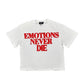 Bright white and red rhinestone tee featuring the bold Emotions Never End design with mixed emotion theme