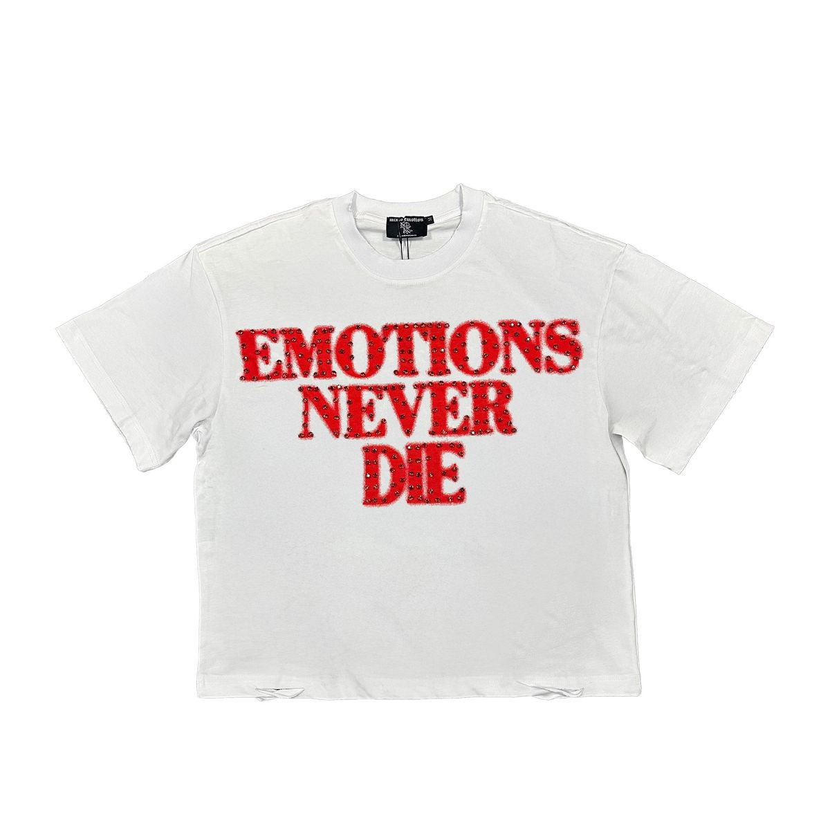 Bright white and red rhinestone tee featuring the bold Emotions Never End design with mixed emotion theme