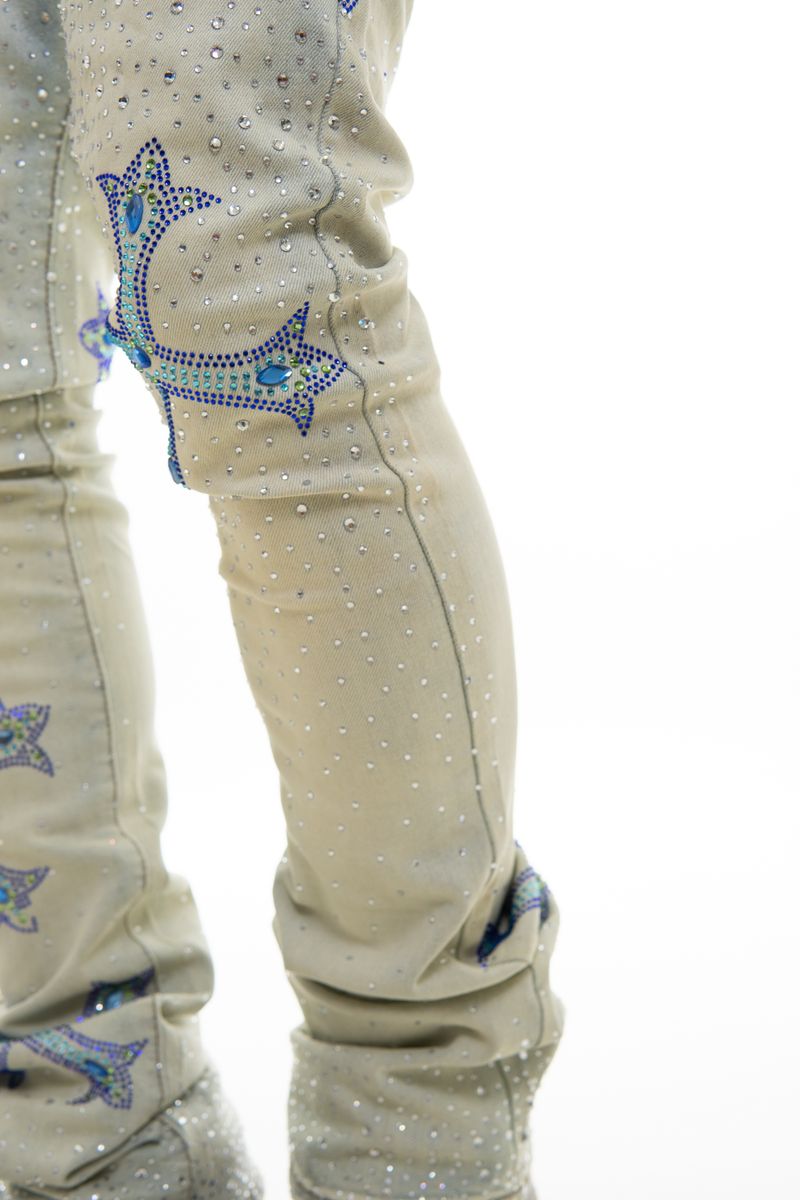 Stylish Vicious VC953 light blue flare jeans with rhinestone embellishments and a flattering fit