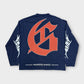 Limited edition navy long sleeve shirt crafted from 10oz washed fabric showcasing maritime art and unique crown accents