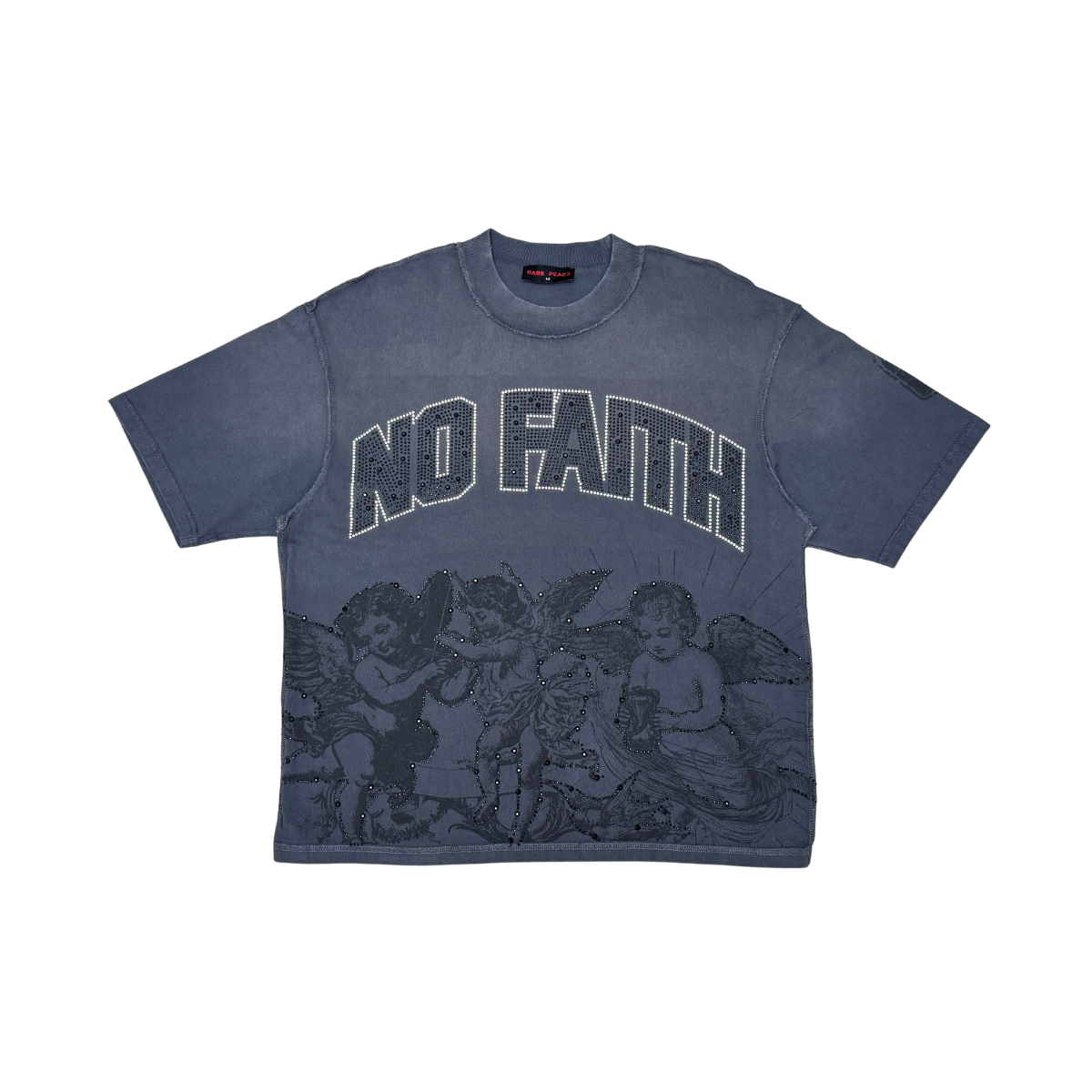 Rare Peace "No Faith Baby Angels" Rhinestone Dark Grey Tee