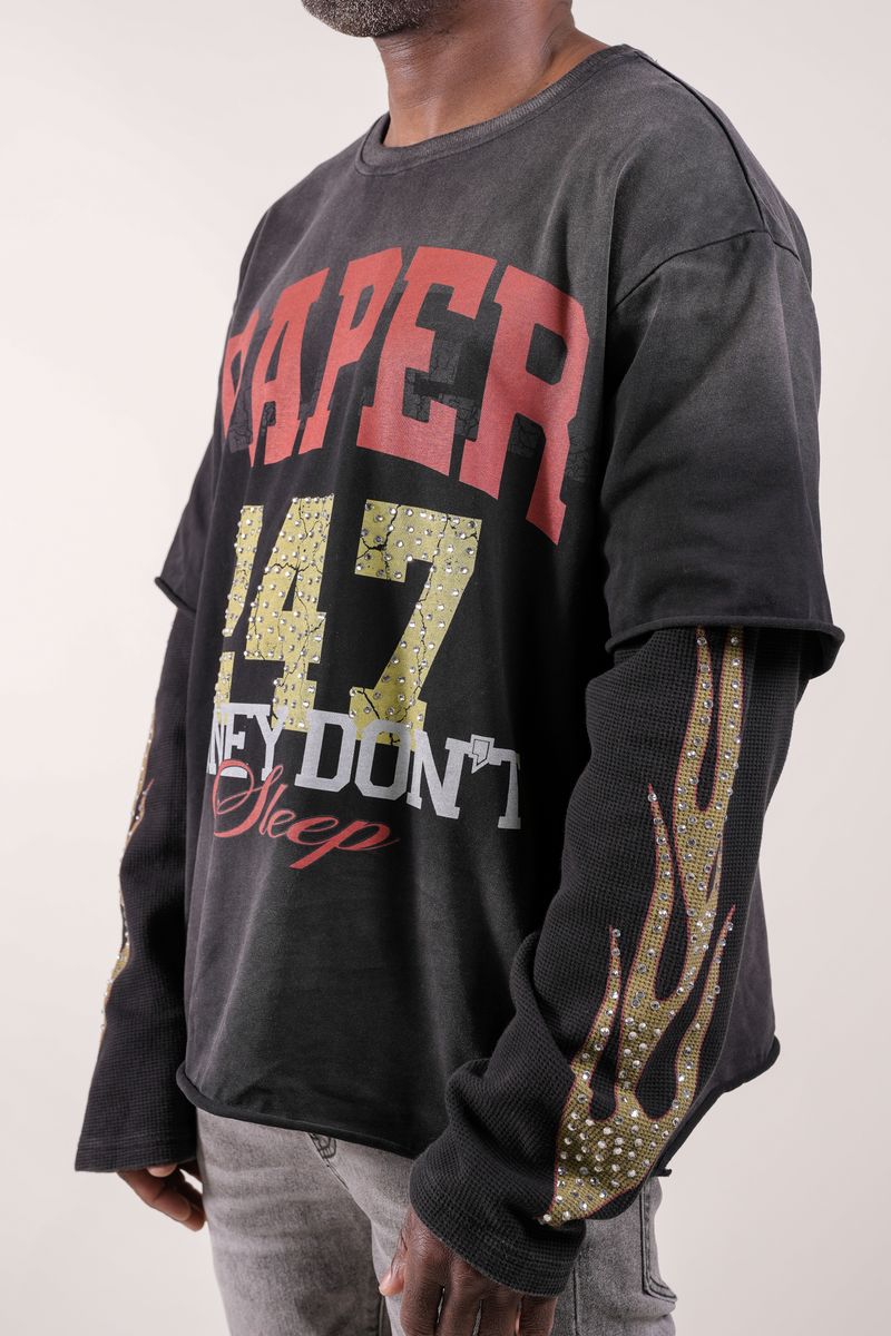Paper Money "247" Rhinestones Black Layered Long Sleeve