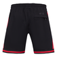 Front view of the black and red San Francisco 49ers Script Tail athletic shorts with team branding