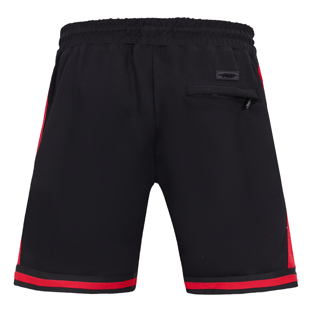 Front view of the black and red San Francisco 49ers Script Tail athletic shorts with team branding