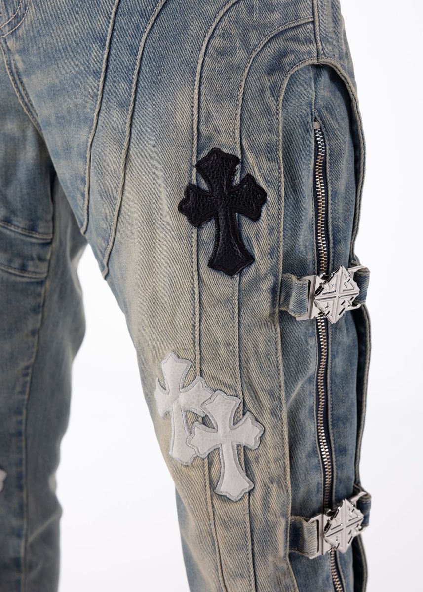 Guapi Vintage Blue Cross Buckle Denim Jeans