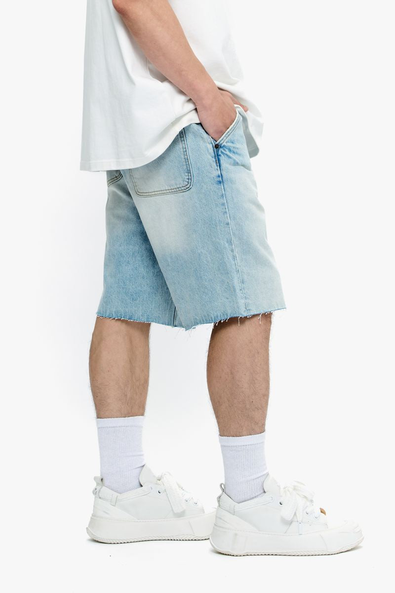Light blue wash denim shorts from Valabasas Mr Shorts collection, casual men's summer wear with distressed detailing and comfortable fit