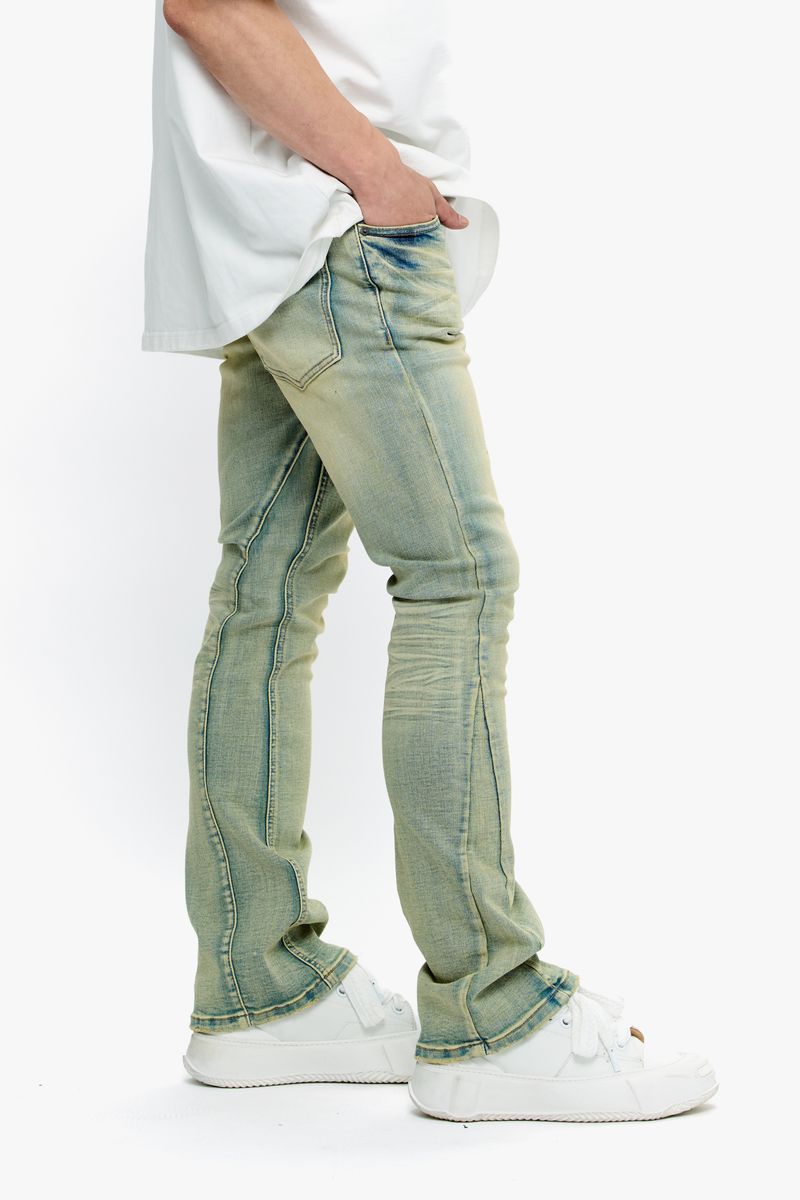 Close-up of Valabasas Mr Stacked Vintage Wash Stacked Denim Jeans highlighting detailed stitching and vintage wash texture