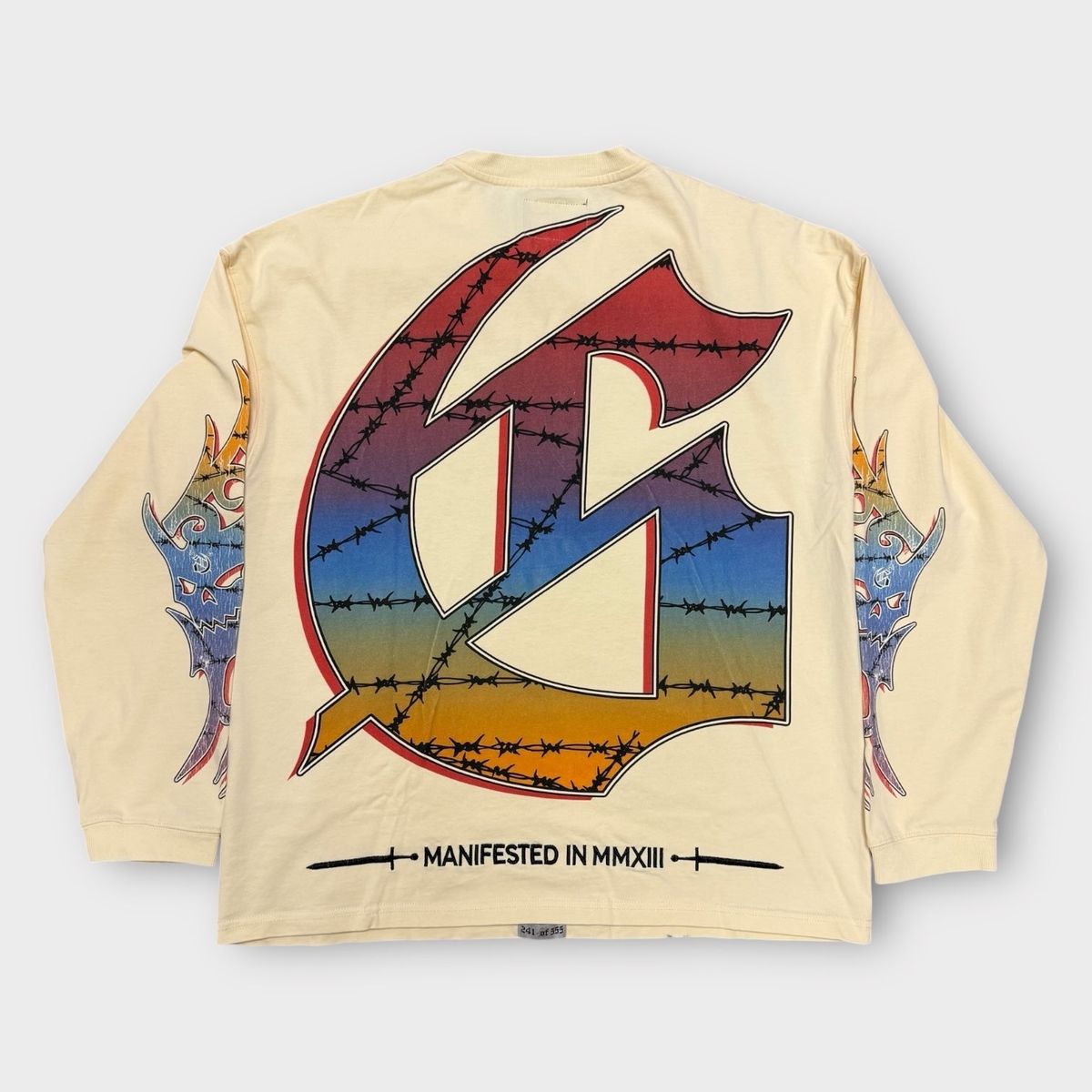 Front view of the Godspeed Ollie Ollie Long Sleeve in Bone highlighting the unique art piece and limited numbered release