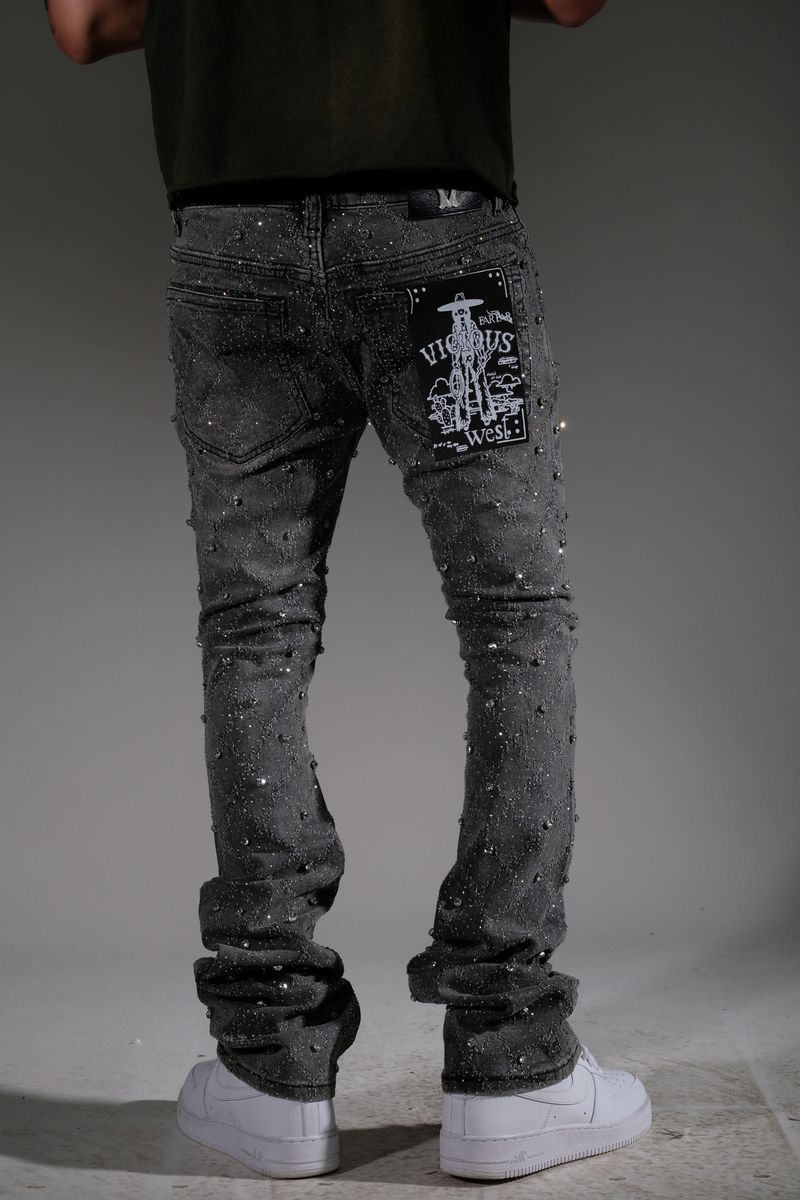 Vicious Grey Embellish Rhinestone Denim Flare Jeans with decorative rhinestone embellishments and a stylish flare design, style VC510 GREY