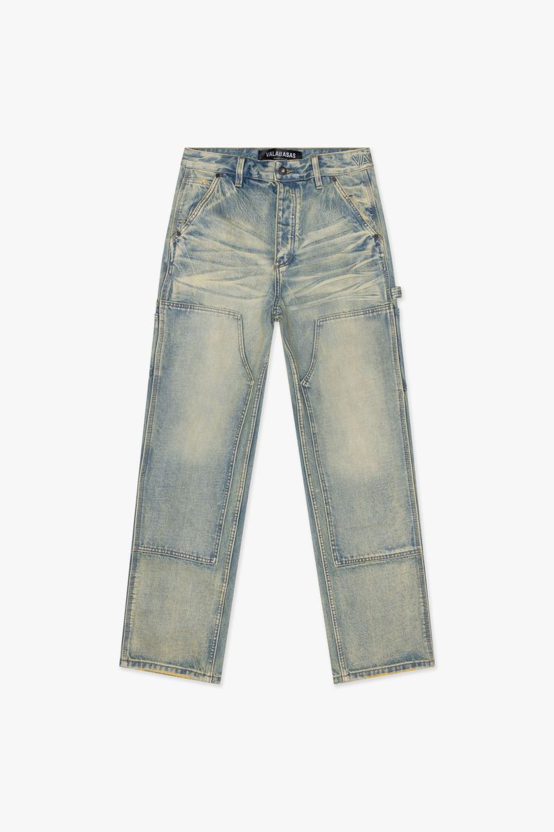 Close-up of the front pocket area of Valabasas Mr Straight vintage wash denim jeans showing detailed stitching