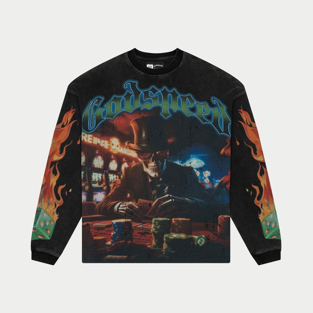 Godspeed Life's A Gamble Thermal Long Sleeve in Grey Wash, crafted from 10oz mid-weight washed fabric with a striking digital art piece, limited run of 555 examples with numbered tag for authenticity