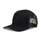 Close-up of the signature Forever trucker hat in Vanta black with detailed embroidery and bonus pins