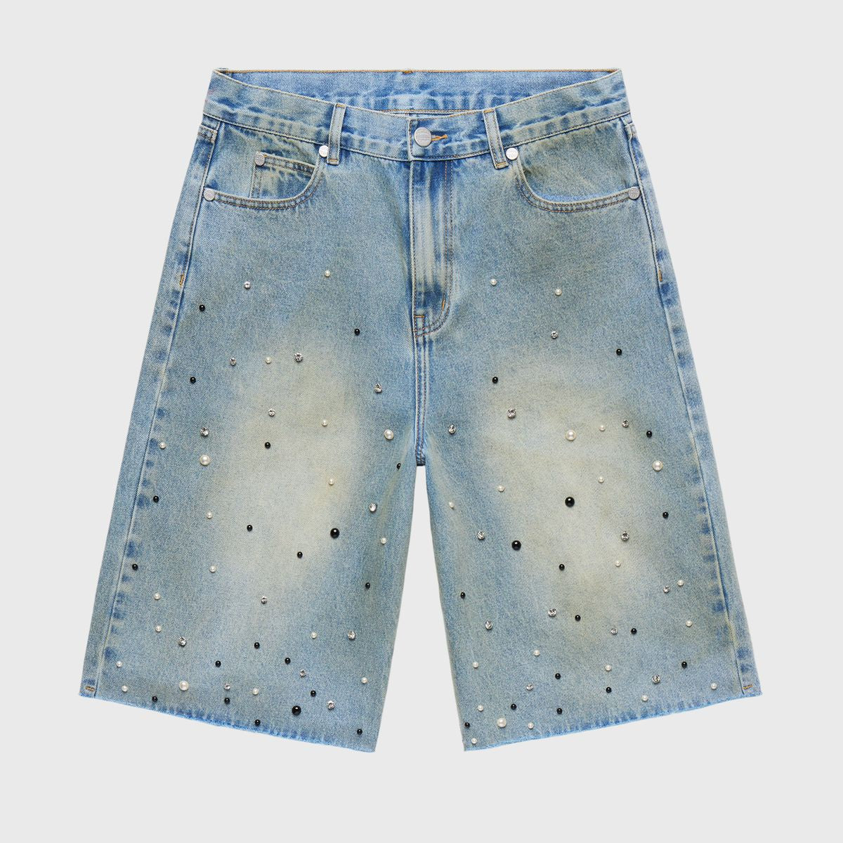 Long light blue denim shorts for men and women with pearl accents, knee-length, non-stretch, 14oz cotton, washed with enzyme and stone, featuring a long cut 3 inches past the knee