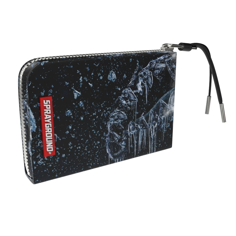 A detailed image of the Sprayground Fire & Ice Shark Wallet made from 100% PVC material, showcasing its vibrant fire and ice themed design with a shark motif