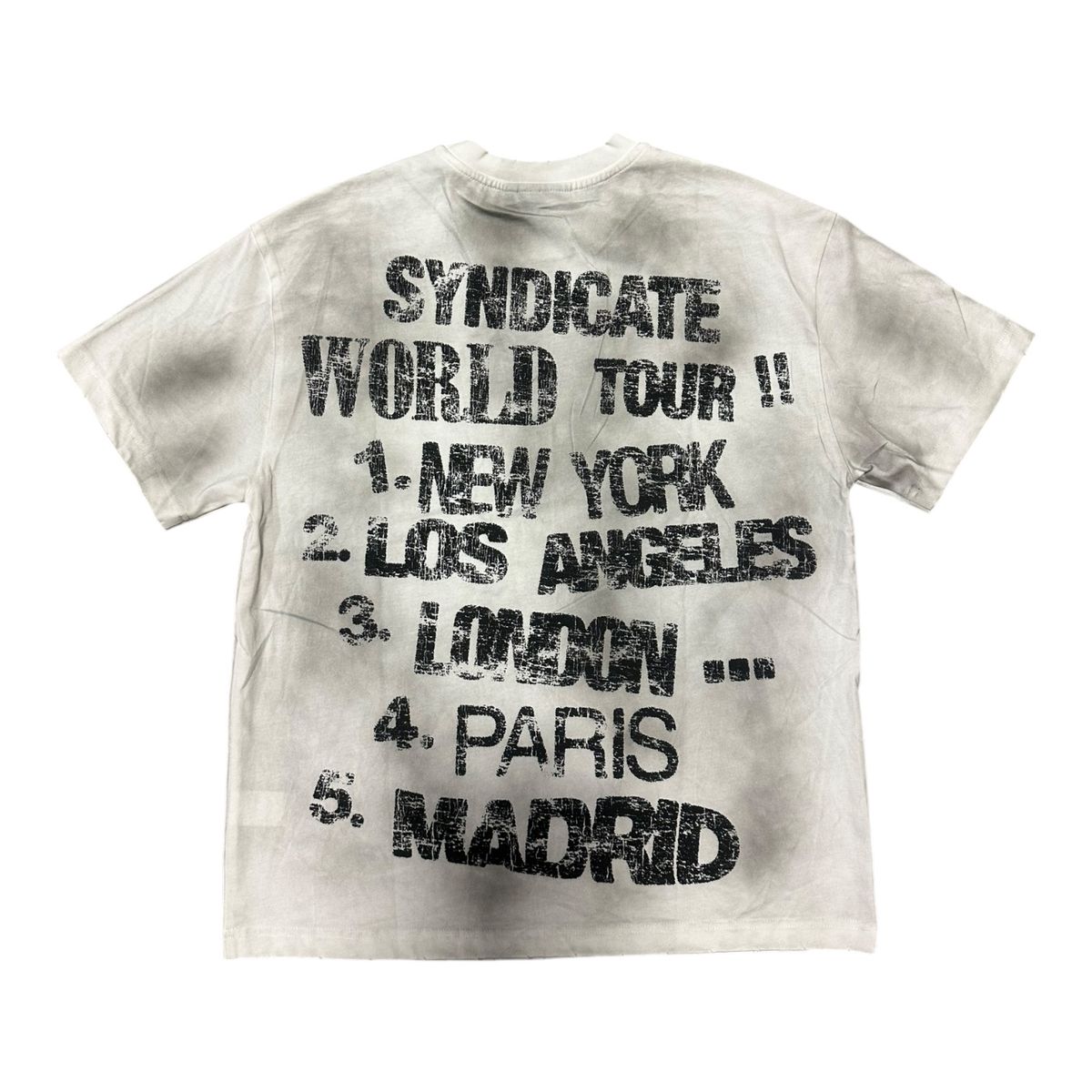 A stylish Syndicate World Tour tee in white and black with product code SYNT-26 displayed prominently