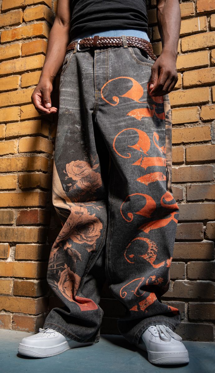 Amor Jeans Digital Print Black Baggy Jeans (RM201B)
