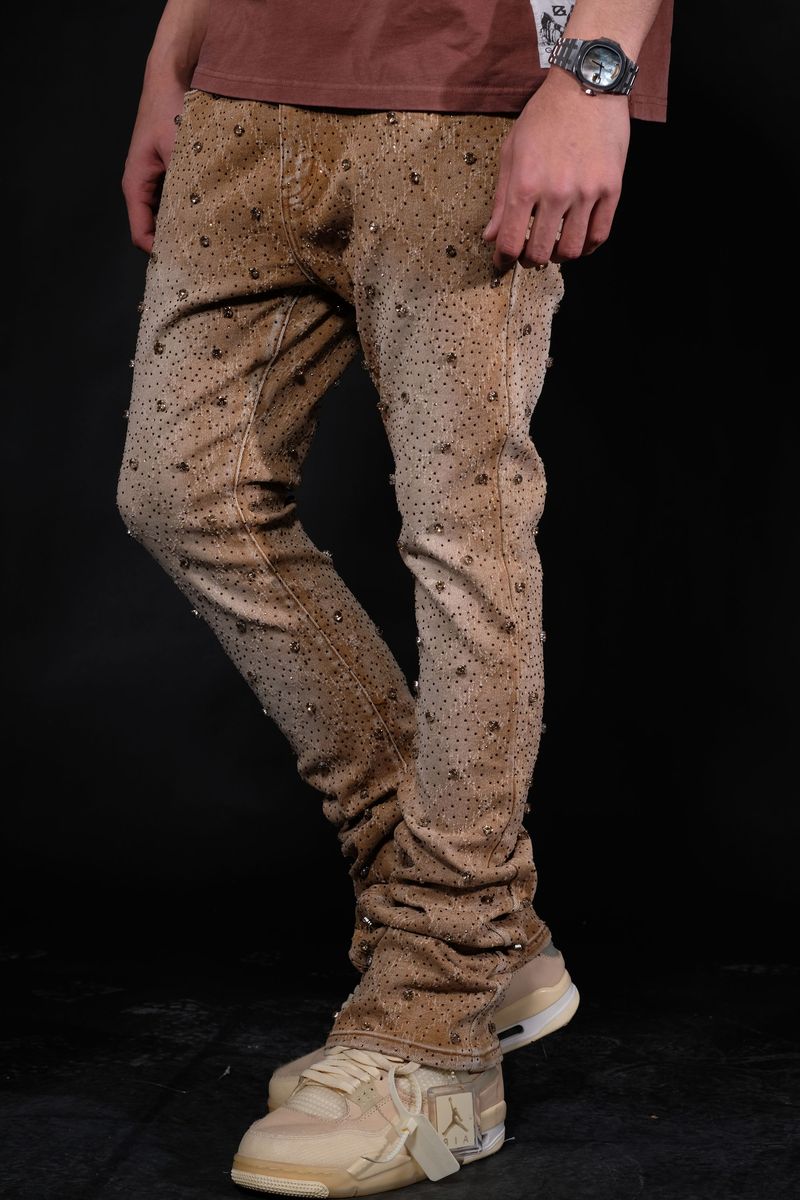 Detailed embellishments on Vicious Embellished Tan Flared Denim Jeans