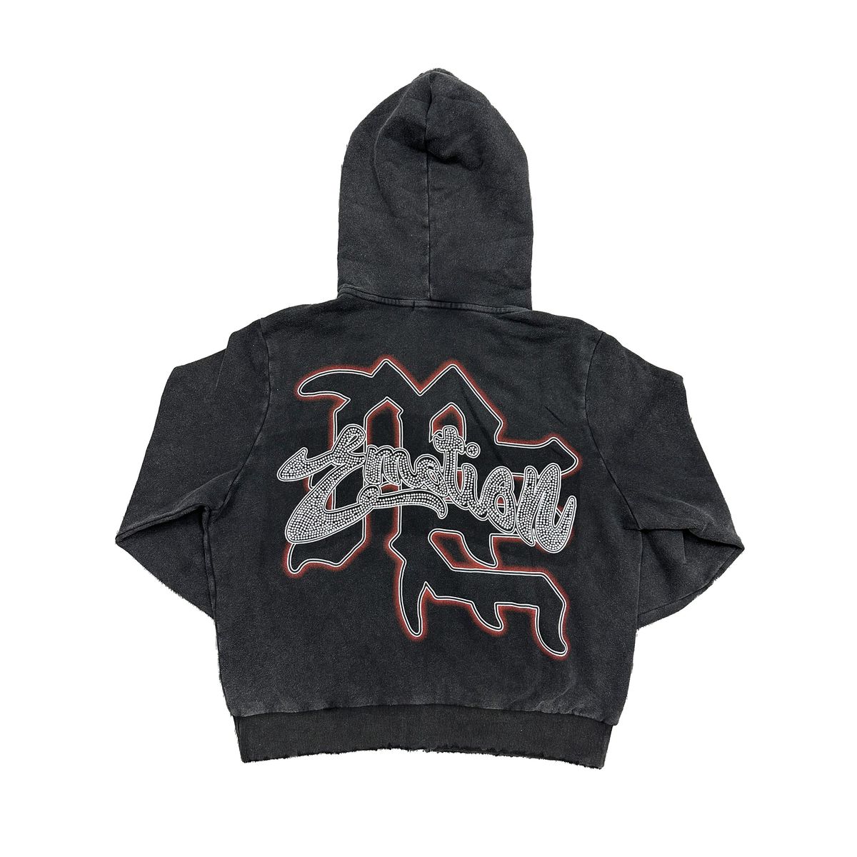 Close-up of the Mixed Emotion Cupid design with rhinestones on the acid wash black hoodie