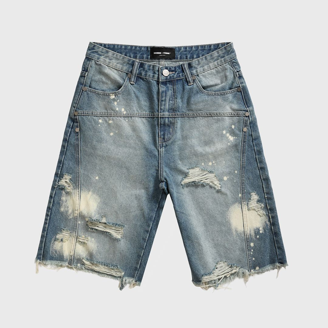 Homme + Femme "Nomad" Studded Denim Shorts - Blue