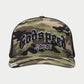 Godspeed Forever Trucker Hat in Camo with limited edition packaging and pins