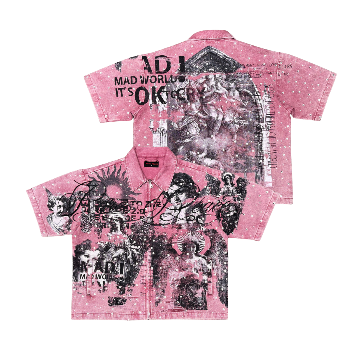 Rare Peace "All Over Angel" Rhinestone Dust Pink Zip Down Shirt (RJ6062)
