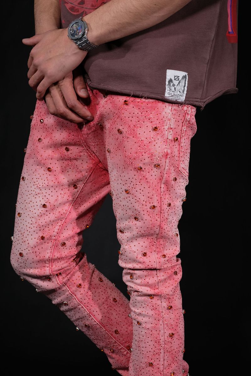 Close-up of Vicious Embellished Pink Flared Denim Jeans VC510