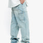 Detail shot of light blue wash denim fabric used in Valabasas Mr Straight jeans showing texture and color